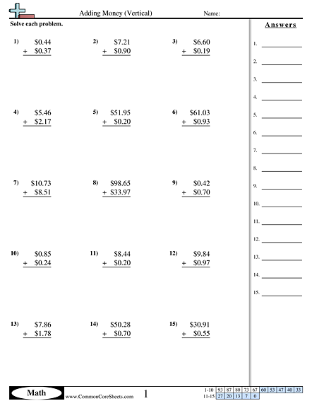 Adding Money (Vertical) Worksheet - Adding Money (Vertical) worksheet